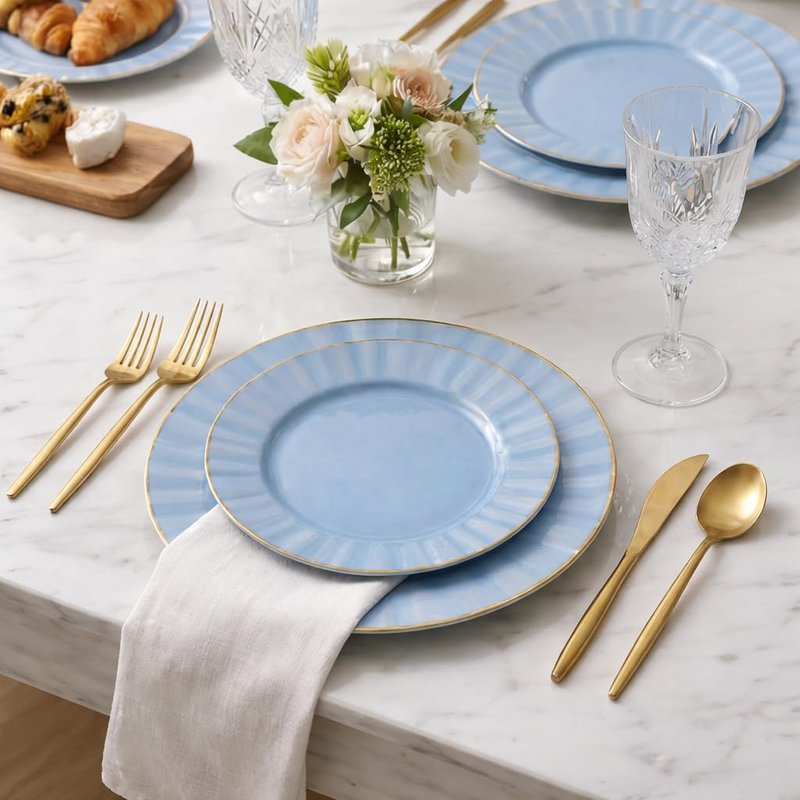 Lillian Tablesettings 32-Piece Blue Plastic Plates Set, 16×10" Dinner & 16×7" Salad Plates, Heavyweight Disposable Plates with Gold Rim, Elegant Petal Design Dinnerware