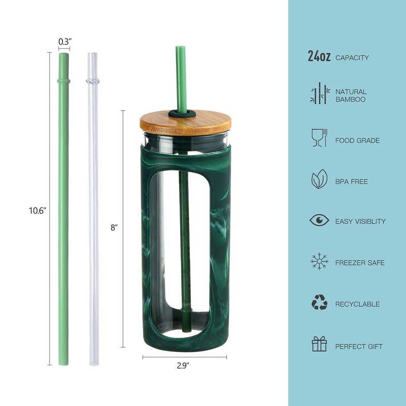 Kodrine 20oz Glass Tumbler with Straw and Lid, Iced Coffee Cups with Bamboo Lids, Glass Cups for Cold Drinks, Smoothie Cup with Silicone Sleeve for Travel, Work, BPA FREE-Green
