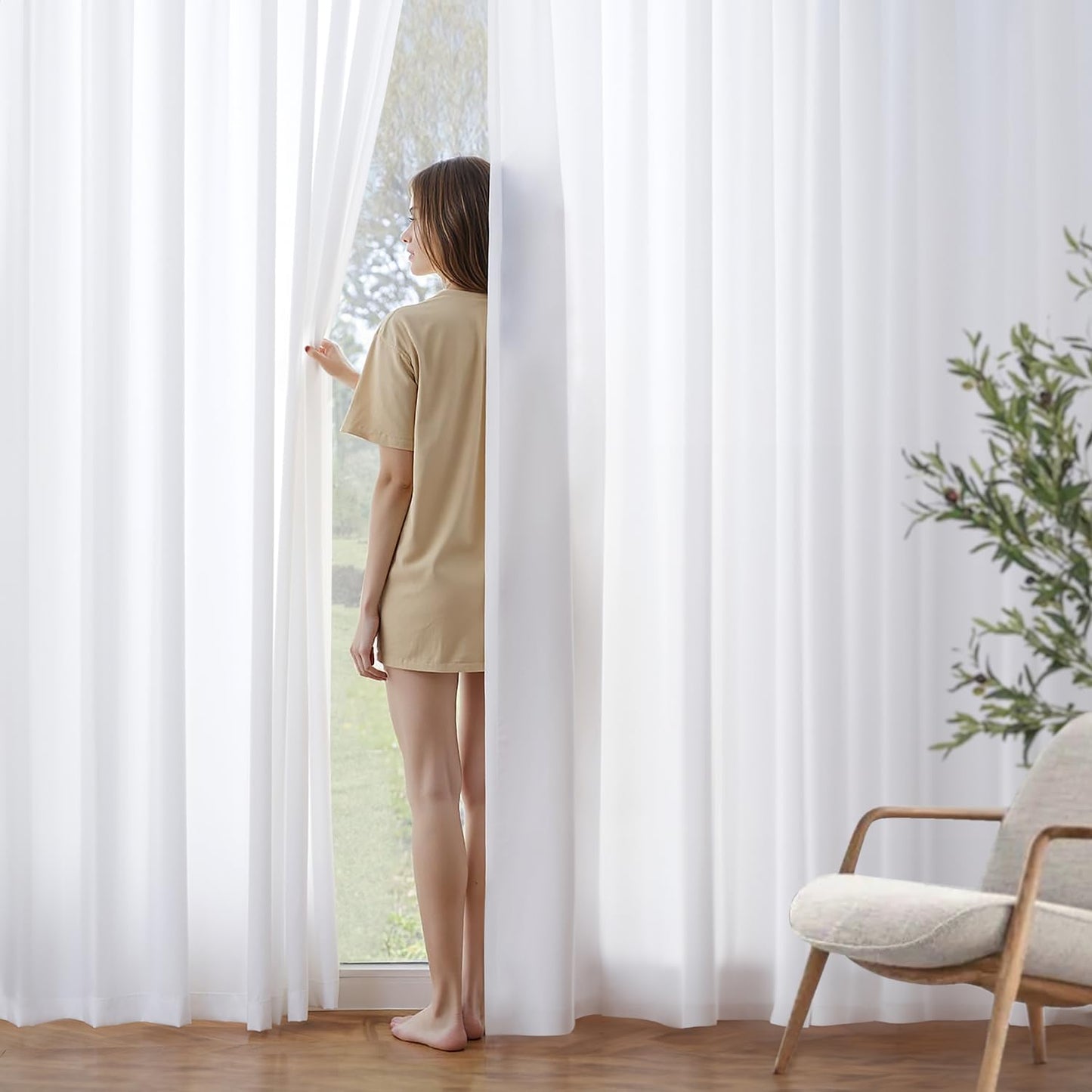 MIULEE White Semi-Sheer Privacy Curtains - Light Filtering 84-Inch Drapes for Living Room & Bedroom (2 Panels)