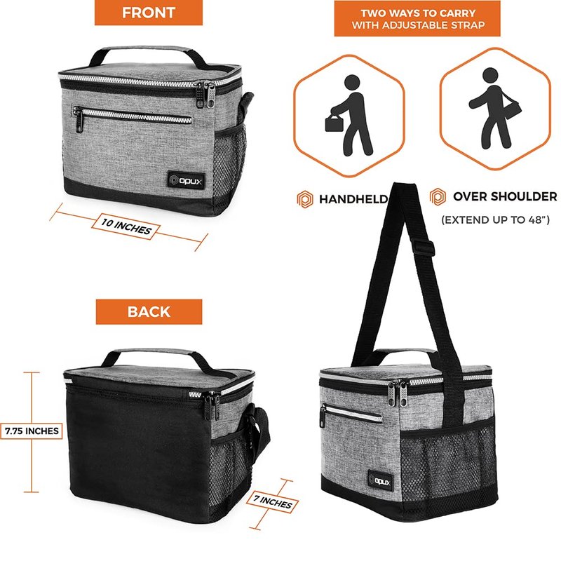opux Insulated Lunch Box Men Women, Lunch Bag for Work School, Leakproof Soft Cooler Tote Adult, Large Lunch Pail Kids Boys Girls, Picnic Beach Food Bag with Shoulder Strap, Heather Grey