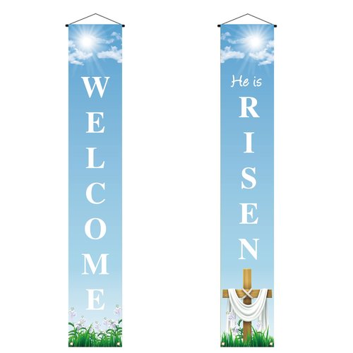 He Is Risen Porch Banner Easter Christian Cross Lily Religious Holiday Party Front Door Sign Wall Hanging Party Decoration