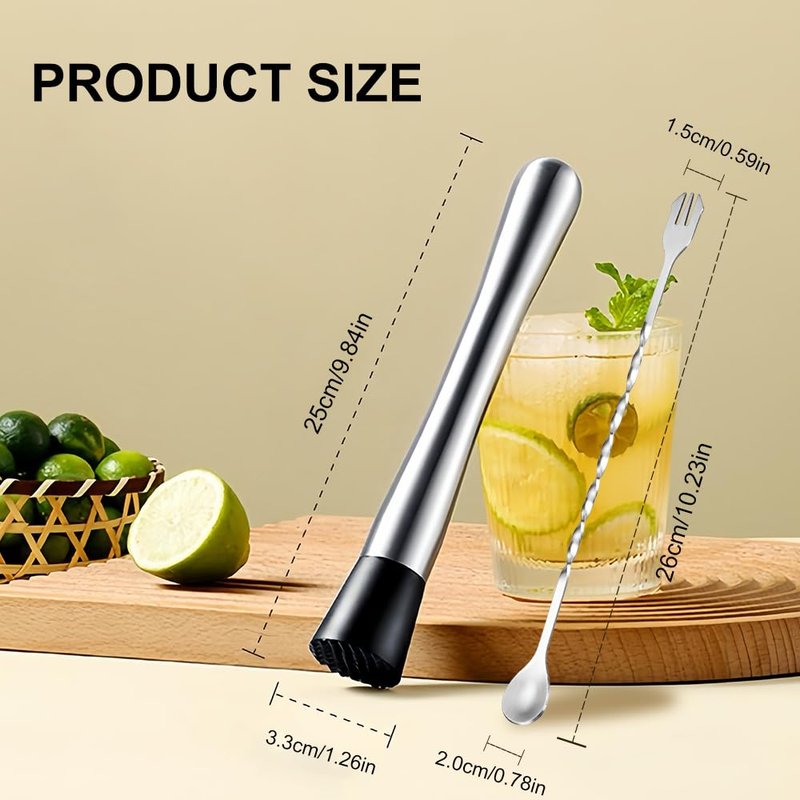 Rukinovi 2 Pcs Muddler for Cocktails,10 Inch Muddler and 8 Inch Bar Spoon,Stainless Cocktail Accessories for Drink - Create Delicious Mojitos and Other Fruit Based Drinks
