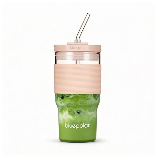 BLUEPOLAR 23oz Glass Tumbler with Lid & Straw - Large Iced Coffee Cup, Leakproof & Portable for Office, Gym, Travel for Smoothies, Matcha (Pink with Sleeve)