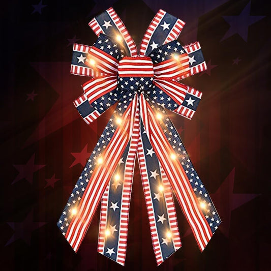 LED 4th of July Bows - Patriotic Burlap Bow with American Flags & Lights | Perfect for Wreaths & Front Door Decor