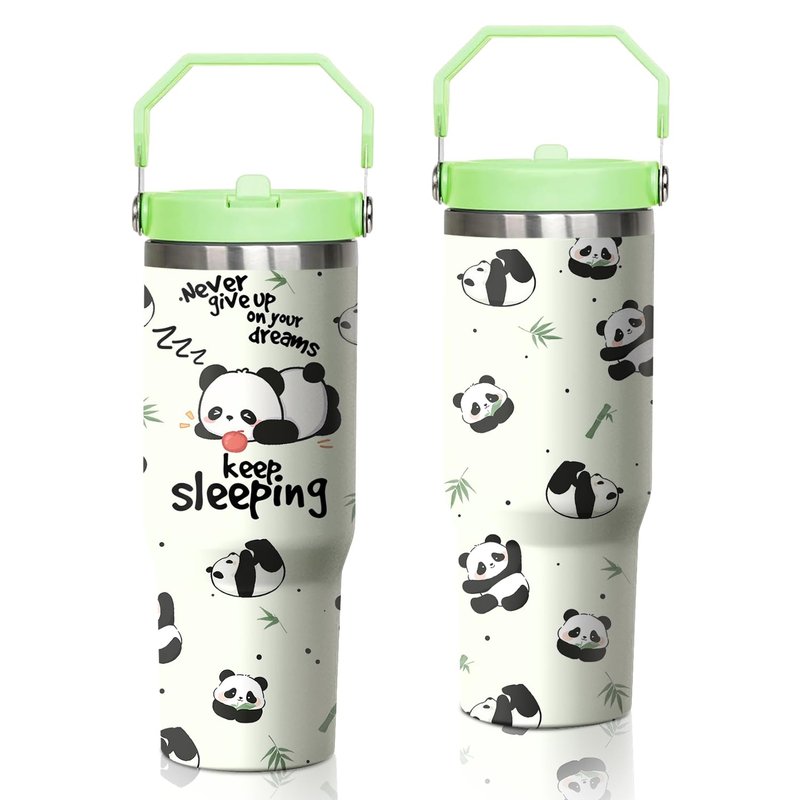 Xchearser Panda Tumbler with Handle and Flip Straw, 30oz Travel Coffee Mug Water Bottle with Lid, Stainless Steel Insulated Cup, Birthday Gifts for Women Animal Lovers