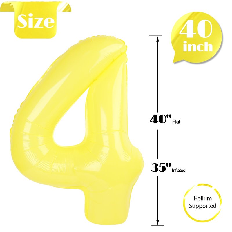 Yellow Number 4 Balloon 40 Inch, 4th Birthday Party Decorations for Children, Giant 4 Foil Balloon for Party Supplies