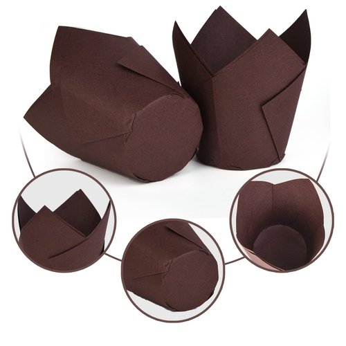 DC QZHMKJ PET 200Pcs Tulip Cupcake Liners Muffin Baking Holders Premium Cups Wrappers Christmas Lliners for Weddings, Birthdays, Anniversaries, and Special Occasions（Brown）