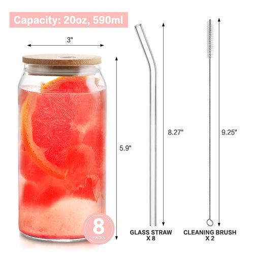 HOMBERKING Glass Cups with Bamboo Lids and Straws 8pcs Set, 20oz Cups, Beer Glasses, Iced Coffee Cups, Cute Tumbler with 2 Cleaning Brushes, Ideal for Cocktail, Whiskey, Tea, Gift