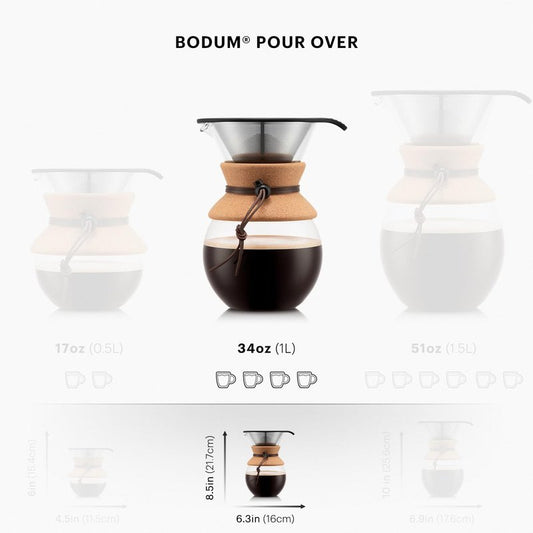 Bodum 34oz Pour Over Coffee Maker, High-Heat Borosilicate Glass with Reusable Stainless Steel Filter and Cork Grip - Made in Portugal