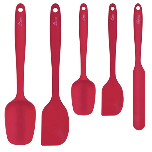 HOTEC Heat Resistant 600℉ BPA-Free Silicone Rubber Spatula Set, Kithchen Cooking Spatulas, Baking, Mixing, for Non Stick Cookware, Dishwasher Safe, Red Set of 5