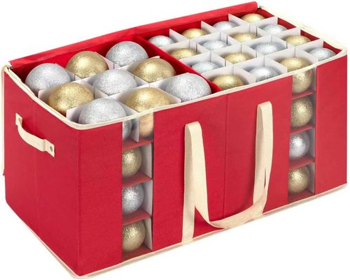 DIMESHY Large Christmas Ornament Storage Box - Adjustable Dividers for 128 Holiday Decorations | Red