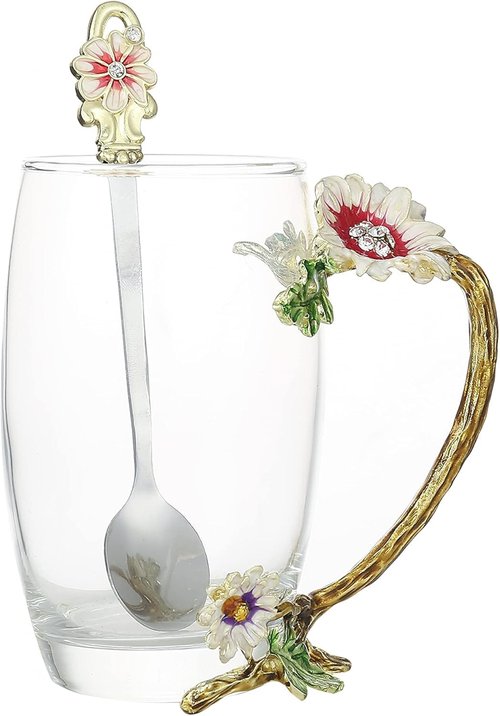 FDINF Tea Cup Gifts for Mom Women Mothers Day Glass Coffee Enamels Mug Birthday Butterfly Rose Gifts for Her Valentines Day Christmas Tea Cup with Spoon (A-High chrysanthemum)