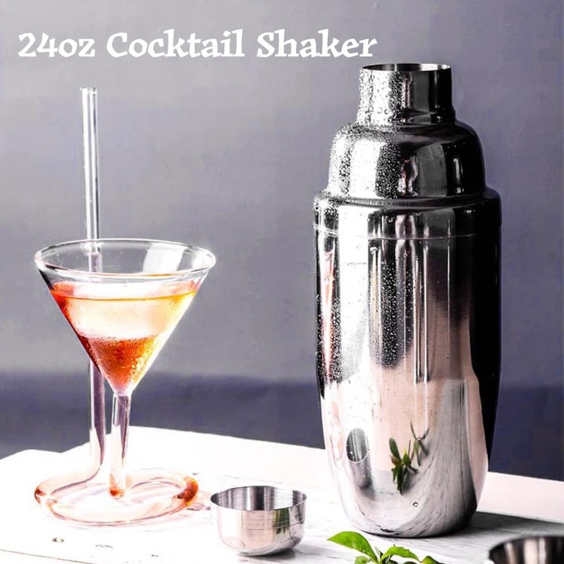 24oz Cocktail Shaker Set, Bartender Kit with Martini Shaker + Bar Spoon + Jigger, 304 Stainless Steel Drink Mixer Cocktail Kit with Built-in Strainer for Margarita Bartender Alcohol Gifts