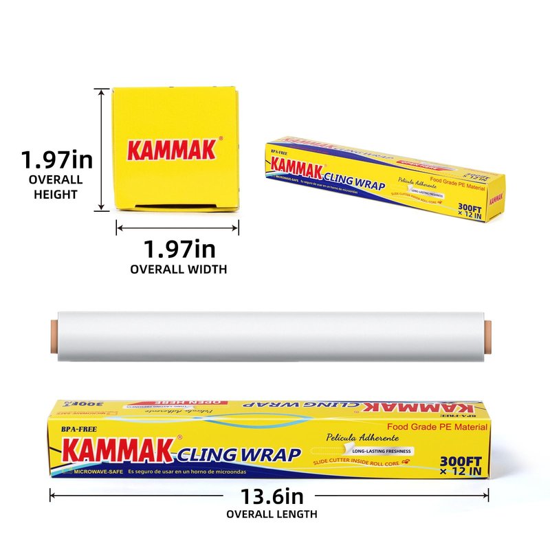 KAMMAK Plastic Wrap with Slide Cutter Food Cling Wrap 12 Inch Kitchen Cling Film BPA-Free Microwave-Safe 300 Ft Roll Food Service Film Quick Cut for Restaurant (2 Pack)