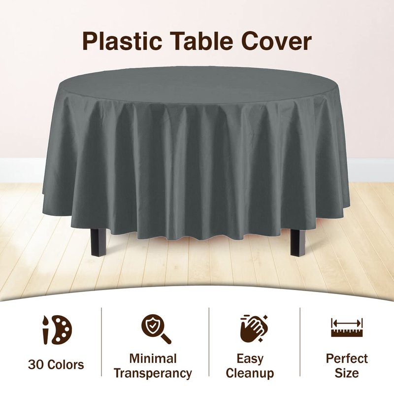 Party Solids Pack Of 6 Premium Plastic Tablecloth 84 Inch Round Plastic Table Cover - Silver