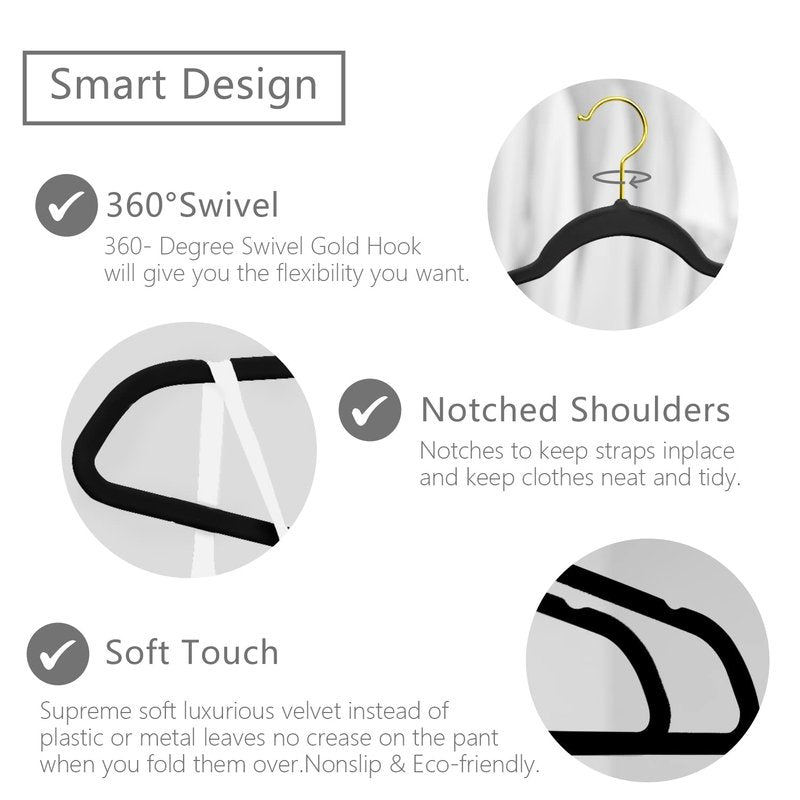 MIZGI Premium Velvet Hangers Pack 30 Pcs Heavyduty - Non Slip Slimline - Velvet Suit Hangers Black - Gold Hooks,Space Saving Clothes Hangers