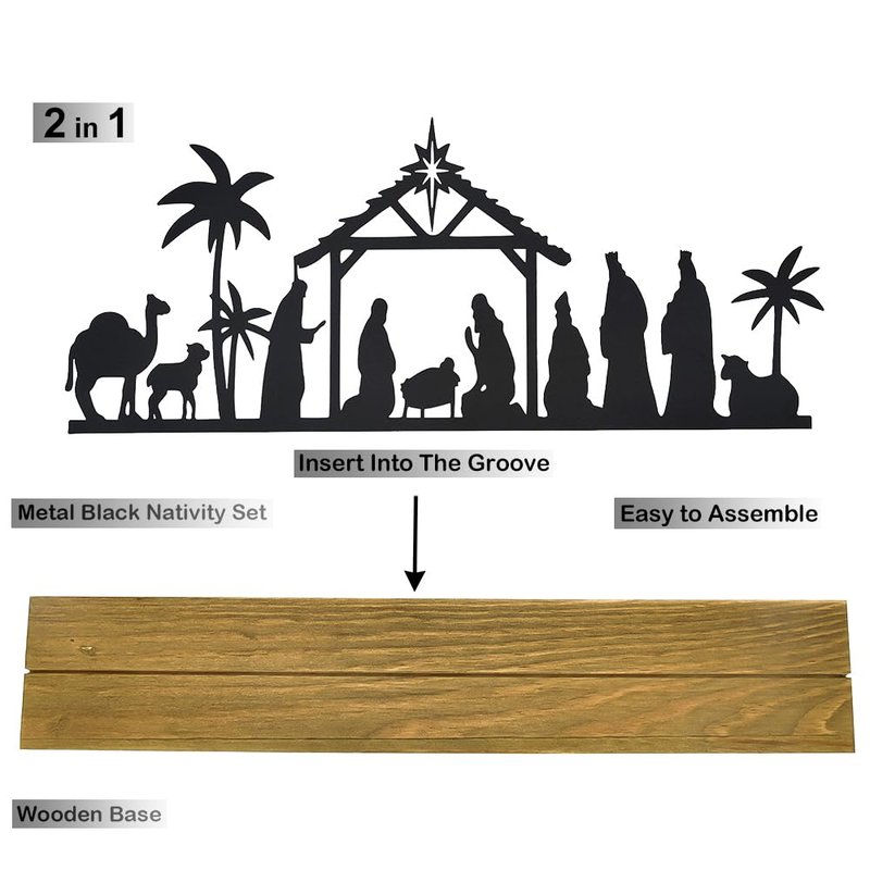 Akulgaci Metal Nativity Sets for Christmas Decorations Black Metal Nativity Scene with Wooden Base for Xmas Home Indoor Mantel Tabletop Office Kitchen Table Shelf Decor (Classic)
