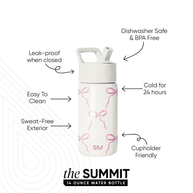 Simple Modern Kids Summit Water Bottle with Straw Lid | 14oz Stainless Steel Cup Insulated Tumbler for Toddlers, Girls, School | Bows