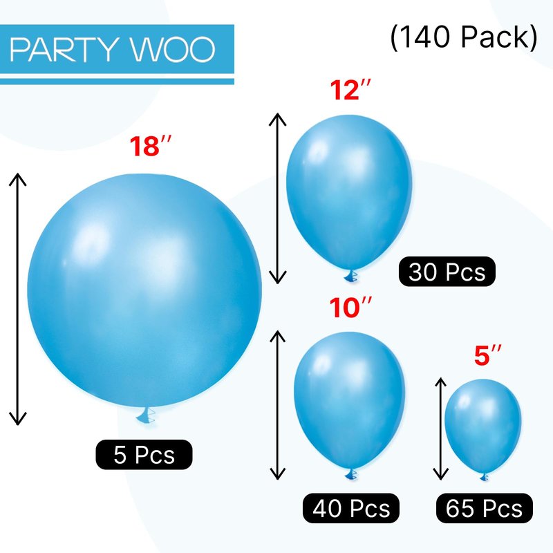 PartyWoo Pearl Blue Balloons 140pcs Different Sizes of 18 12 10 5 Inch Sky Blue Latex Helium Balloon Arch Kit Garland for Graduation Baby Shower Gender Reveal Birthday Party Decorations Blue-Z23