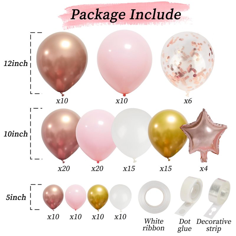 RUBFAC 140pcs Rose Gold Balloon Garland Arch Kit, Light Pink Gold White Metallic Rose Gold Confetti Balloons for Mother's Day Valentine Graduation Birthday Baby Shower Wedding Party Decoration