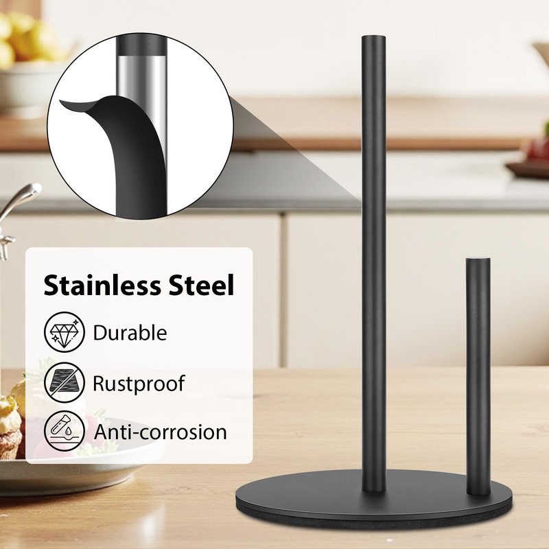 Paper Towel Holder, Standing Paper Roll Holder, Freestanding Paper Towel Holder with Weighted Base, Premium Stainless Steel Kitchen Roll Dispenser in Black