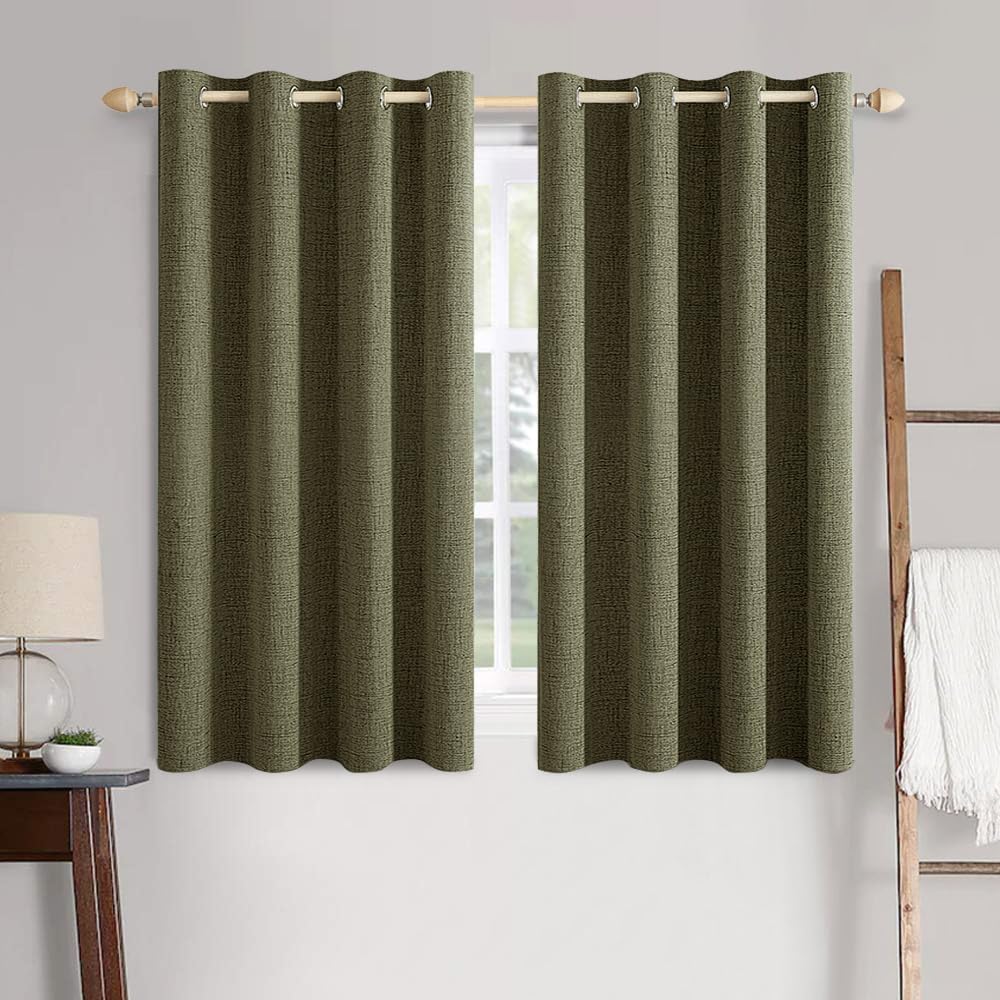 MIULEE Blackout Curtains - 100% Thermal Insulated Linen Texture Drapes | Light Olive Green, 52x63 Inch (2 Panels)