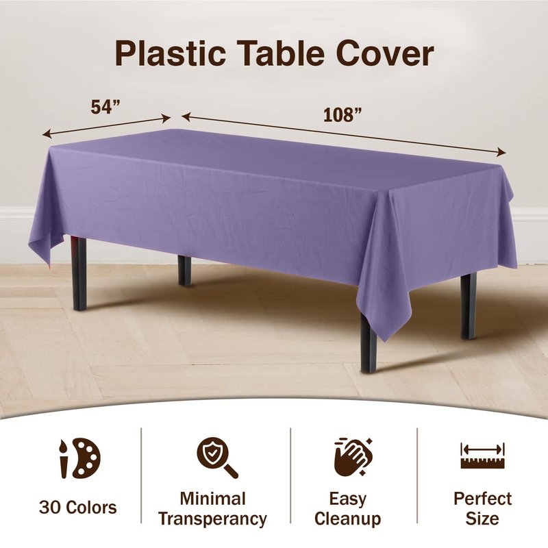 Party Solids Pack Of 6 Premium Plastic Tablecloth 54 Inch x 108 Inch Rectangle Plastic Table Cover - Lavender