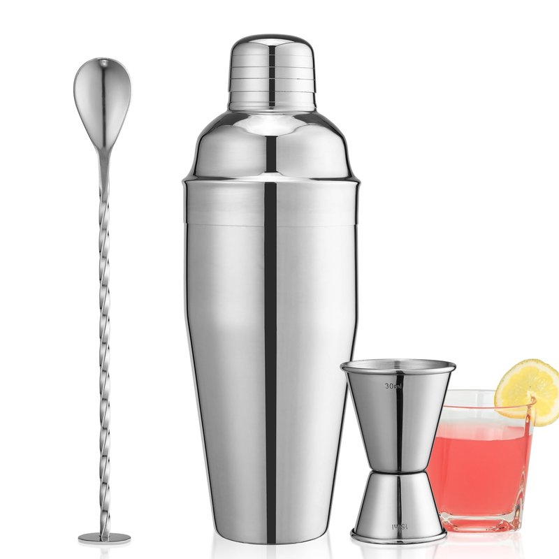 24oz Cocktail Shaker Set, Bartender Kit with Martini Shaker + Bar Spoon + Jigger, 304 Stainless Steel Drink Mixer Cocktail Kit with Built-in Strainer for Margarita Bartender Alcohol Gifts
