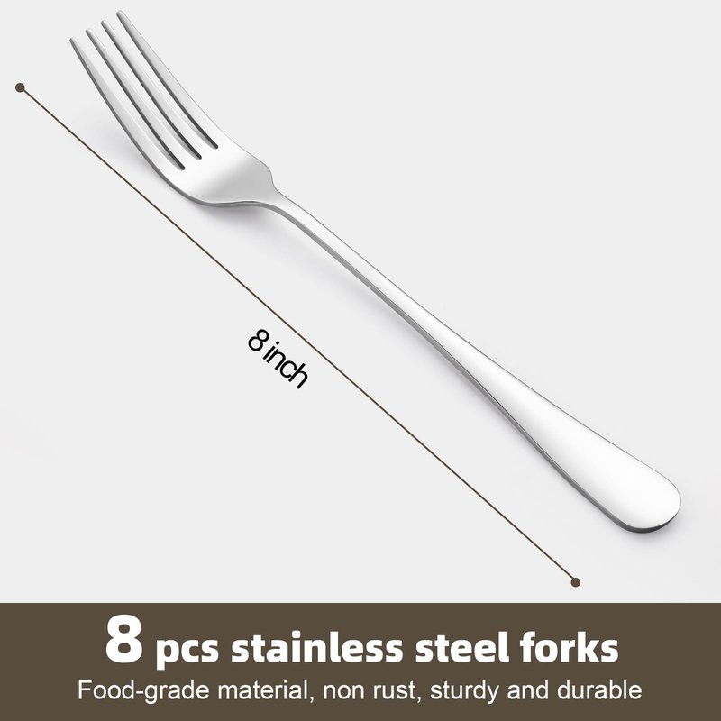 8 Pcs Dinner Forks Set, Food Grade Stainless Steel Forks Silverware, Metal Fork, Flatware Fork for Home, Kitchen or Restaurant, Mirror Polished, Dishwasher Safe, 8 Inches