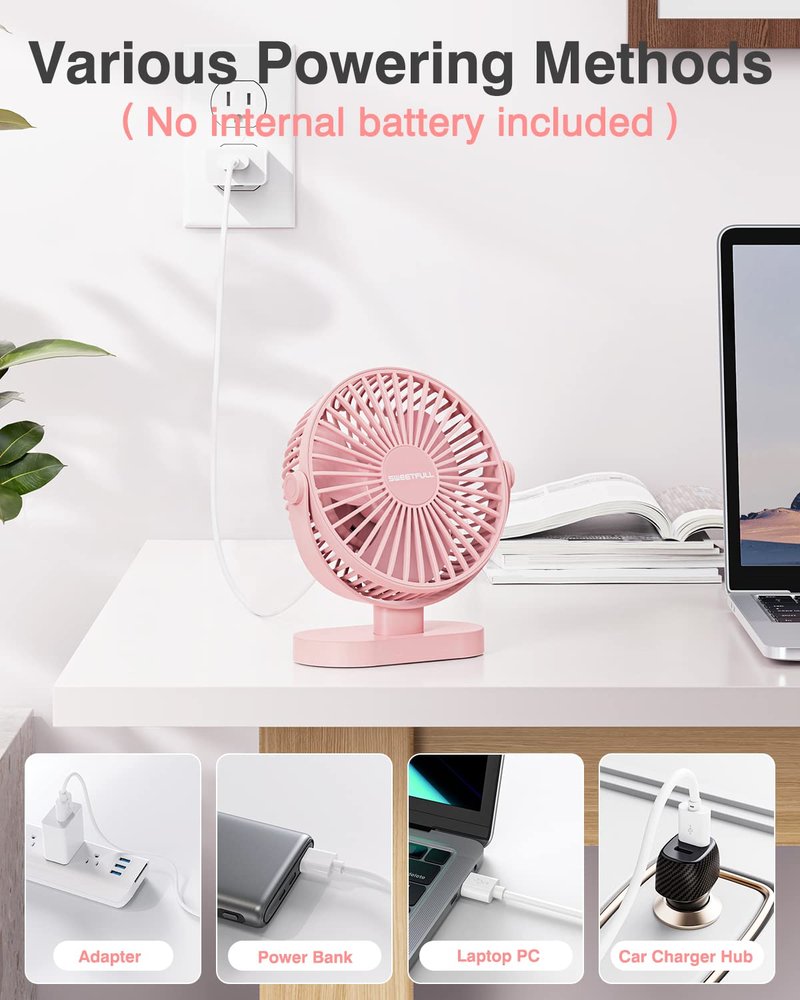 SWEETFULL Desk Fan USB Small Fan, 3 Speeds Portable Fan, 360° Rotate Personal Desktop Table Fan, Mini Fan Quiet Operation, for Home Office Car Outdoor Travel (Pink)