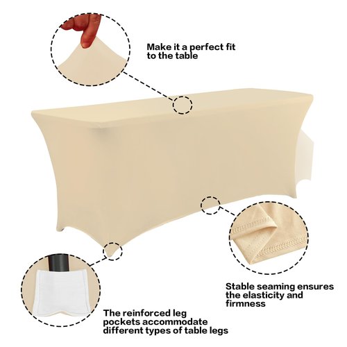 IVAPUPU 2 Pack 4FT Table Cloth for Rectangular Fitted Events Stretch Champagne Table Covers Washable Cover Spandex Tablecloth Protector for Party, Wedding, Cocktail, Banquet, Festival