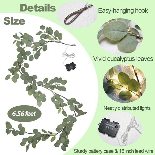 Eucalyptus Garland with Lights - 6.56FT, 96 LEDs, 8 Modes, Battery Operated | Spring Greenery Decor