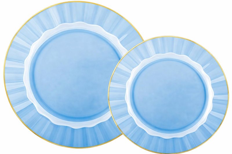 Lillian Tablesettings 32-Piece Blue Plastic Plates Set, 16×10" Dinner & 16×7" Salad Plates, Heavyweight Disposable Plates with Gold Rim, Elegant Petal Design Dinnerware