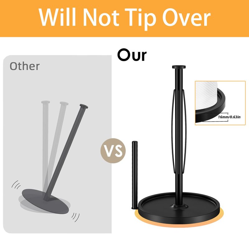 Paper Towel Holder Countertop, Stainless Steel Paper Towel Holder for Kitchen Roll Dispenser, Freestanding Paper Towel Holders with EVA Non Slip Base, Black