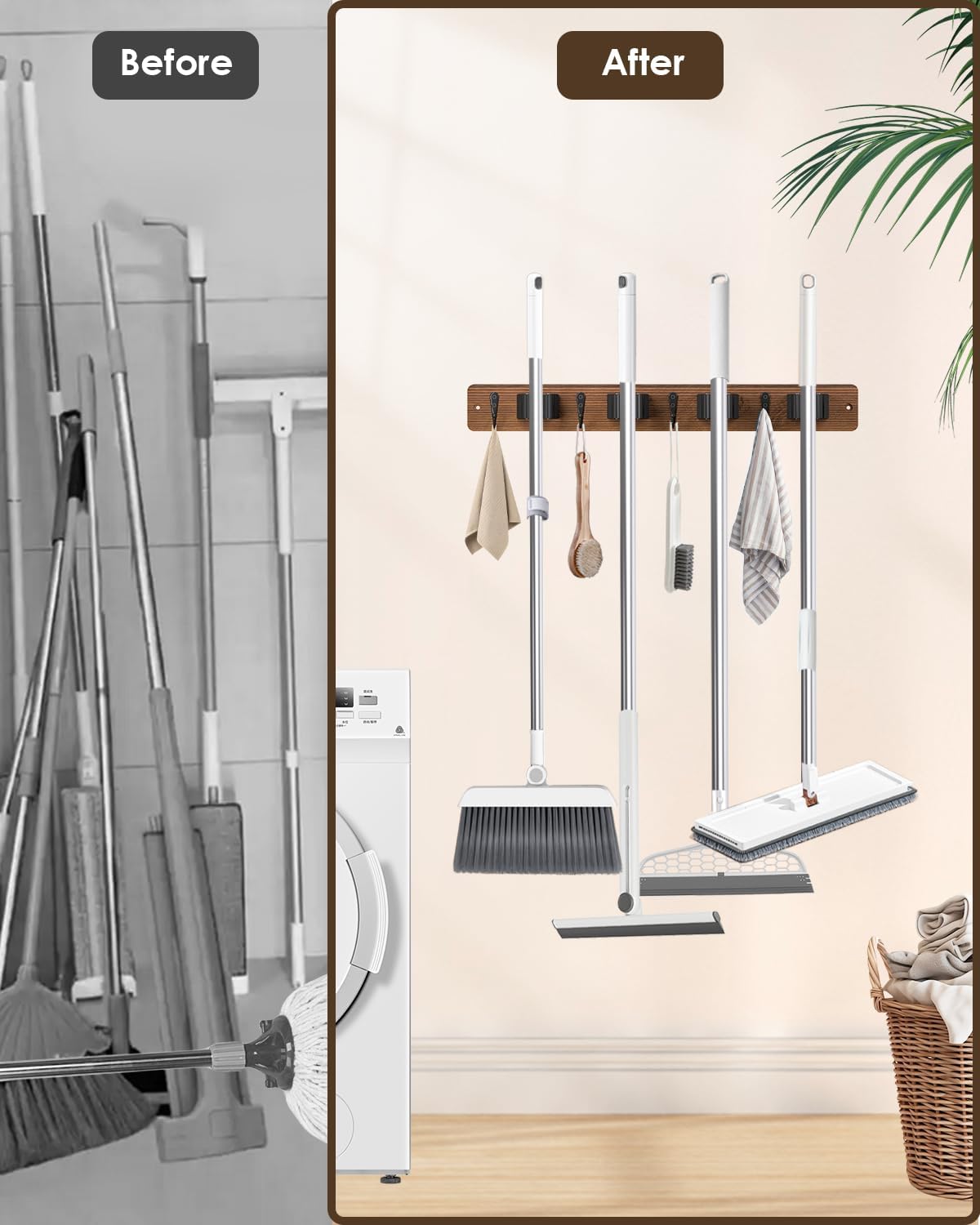 Skiennix Wall Mounted Broom Holder - 4 Holders & Hooks for Easy Mop Storage | Natural Pine Wood