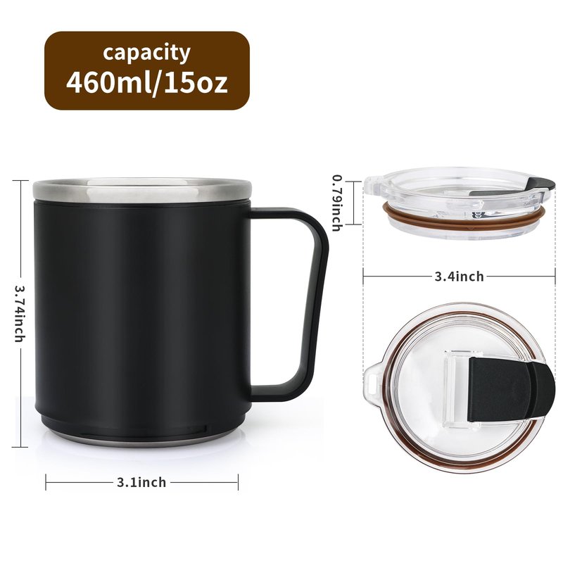 VOBAGA 15oz Stainless Steel Coffee Mug with Flat bottom and Handle, Work with Coffee Warmer for Rapid Heating Coffee, Tea and Milk Office Desk Accessories Black