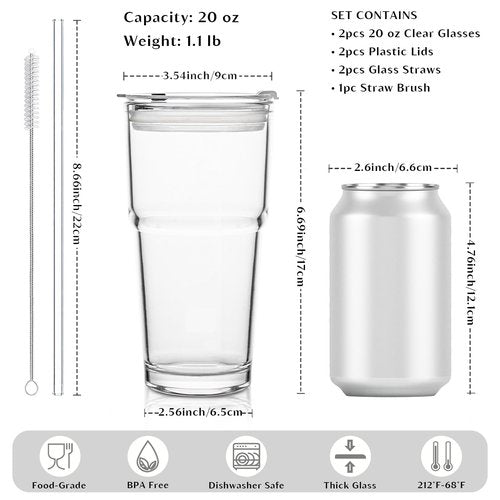 INSETLAN 20oz Clear Glass Cup with Lid and Glass Straw, Set of 2 Thickened Glass Coffee Tumblers, Drinking Glasses with Straw for Smoothie, Tea, Milk, Whiskey, Water and More – Elegant & Durable