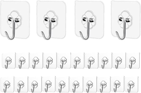 Adhesive Hooks - Heavy Duty 24lb Max Transparent Wall Hangers | 24 Pack for Home & Kitchen Use