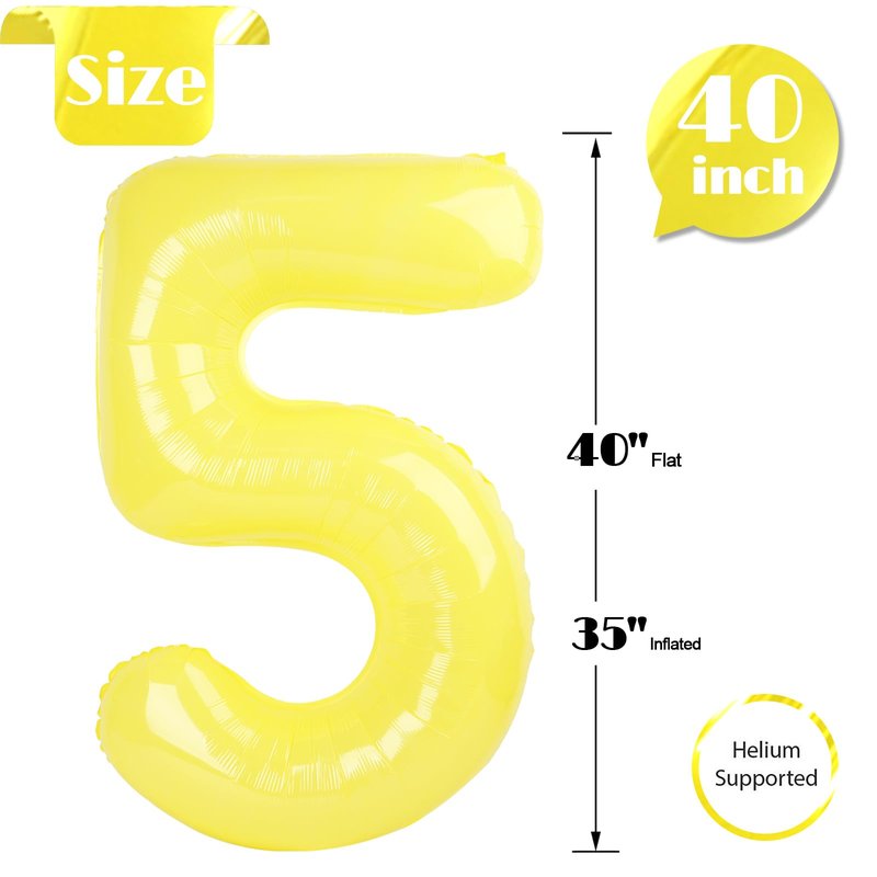 Yellow Number 5 Balloon 40 Inch, 5th Birthday Party Decorations for Children, Giant 5 Foil Balloon for Party Supplies