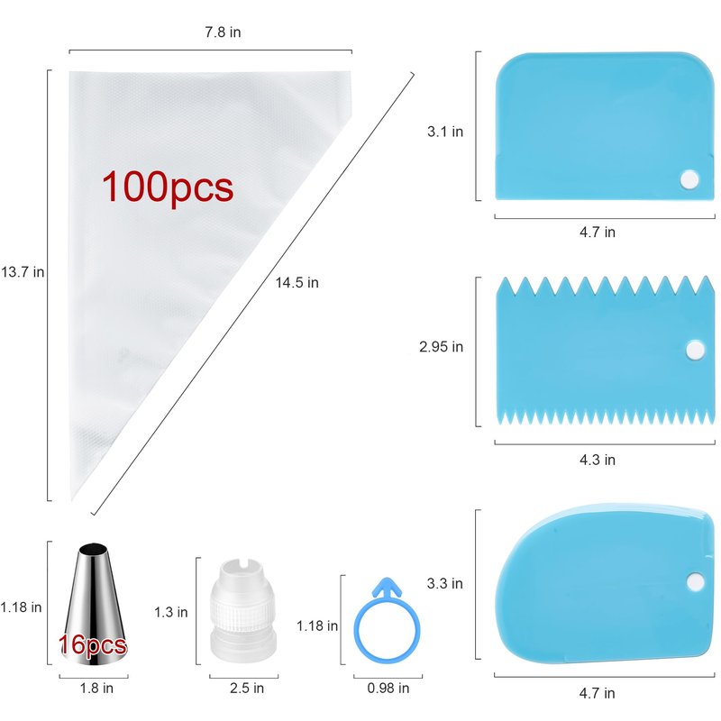 Piping Bags and Tips Set, Cakes Decorating Supplies Kit with 100pcs 12 Inch Pastry Bags, 16 Piping Tips, 3 Cake Scraper, 2 Couplers, 2 Bag Ties, Simple and Convenient Baking Supplies Set