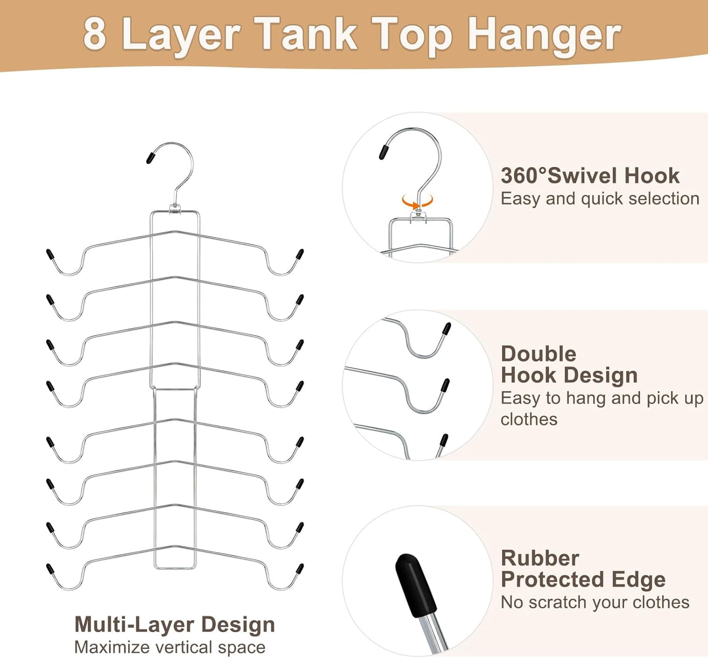 TOPIA HANGER 2-Pack Tank Top Hanger - 8-Layer Space-Saving Bra Organizer for Closet Storage | Silver CT79B