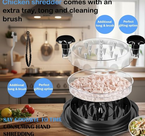 Haarshe Upgraded 5-in-1 Large Chicken Shredder with Cleaning Brush & Tong 10'' Pro Chicken Shredder Tool Twist Large Stable Anti-Slip Ergonomic Handle, Removable Tray, Dishwasher Safe, BPA Free