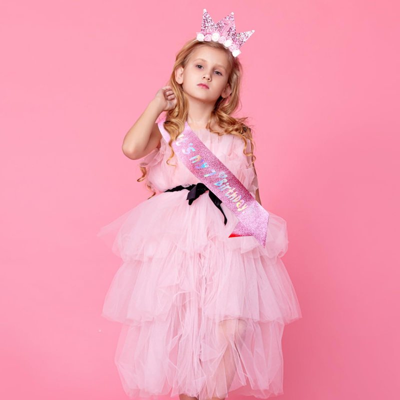 Vovii 7th Birthday Headband & Sash Set - Floral Princess Crown Headband for Birthday Girl Dress Up, Photo Prop & Party Decorations