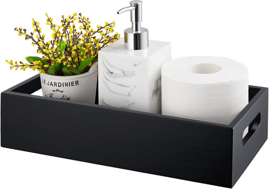 ALELION Black Bathroom Basket - Wooden Toilet Tank Paper Organizer with Handle | Stylish Storage Solution for Bathroom Decor
