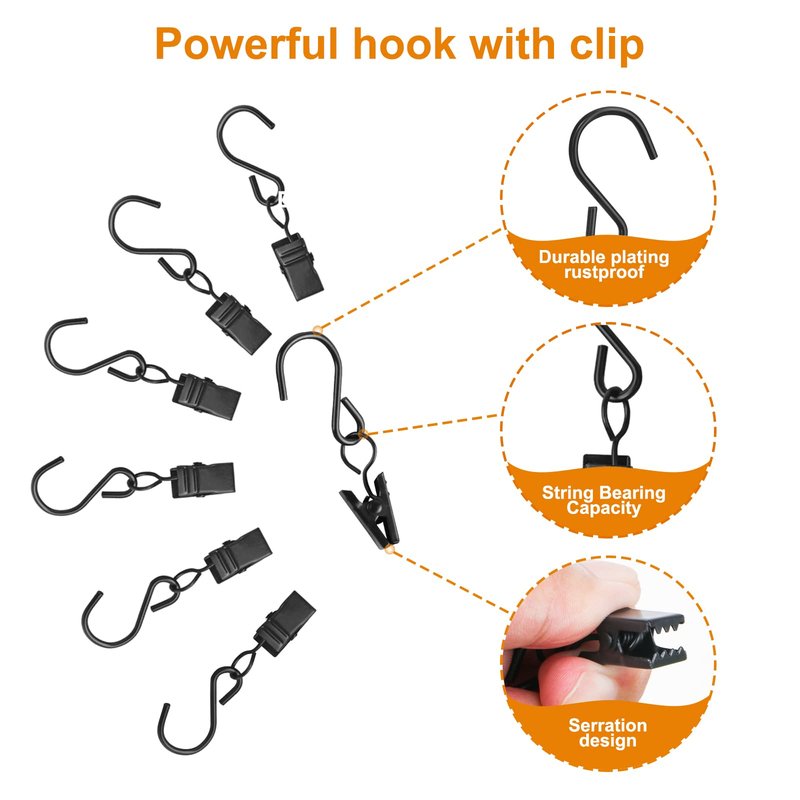 40 PCS Curtain Clips with S Hooks for Outdoor String Lights, Stainless Steel S Hooks with Clips for RV Awning and Gutter Lights (Black)