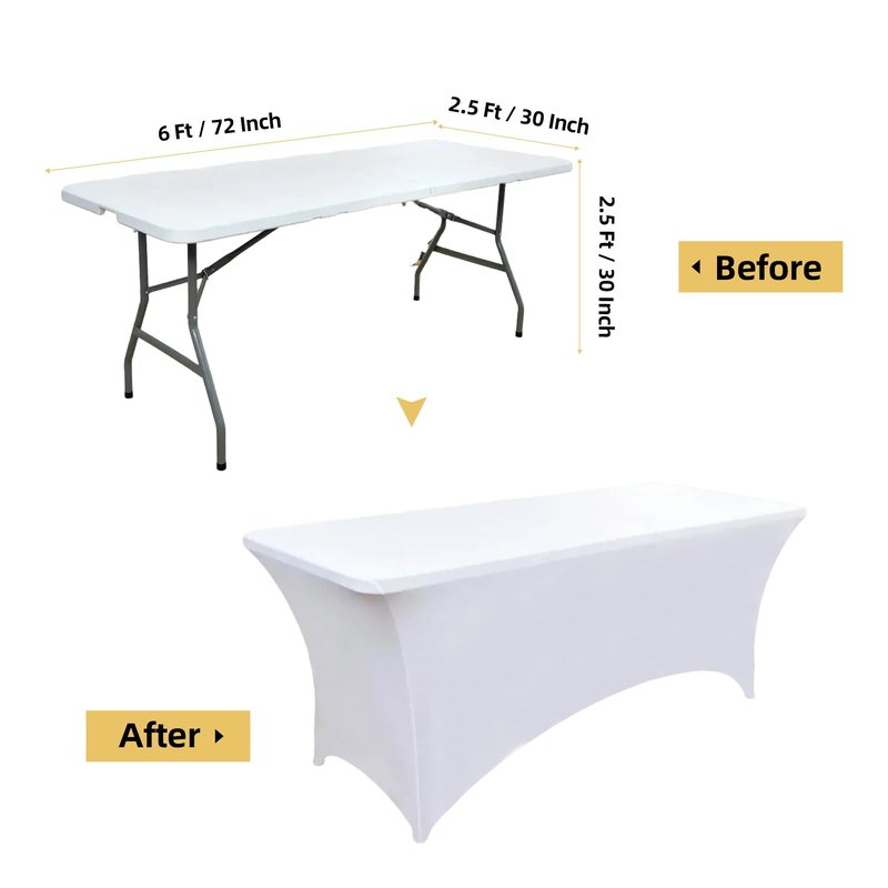 ZarzaaSik 2-Pack 6ft White Spandex Table Covers for Rectangle Standard Folding Tables - Wrinkle Resistant Stretch Tablecloths - Ultimate Fitted Table Protector for Parties, Trade Shows, Banquet