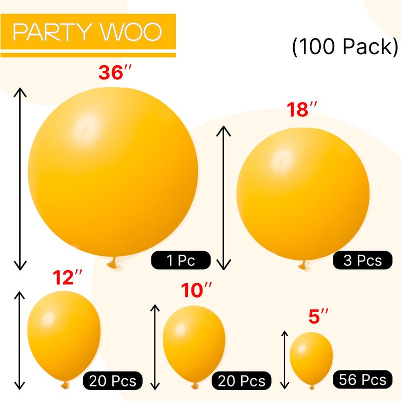 PartyWoo Mustard Yellow Balloons 100pcs Different Sizes of 36 18 12 10 5 Inch Yellow Fall Balloon Arch Kit for Birthday Engagement Baby Shower Bee Sunflower Little Cutie Party Decorations Yellow-Y10