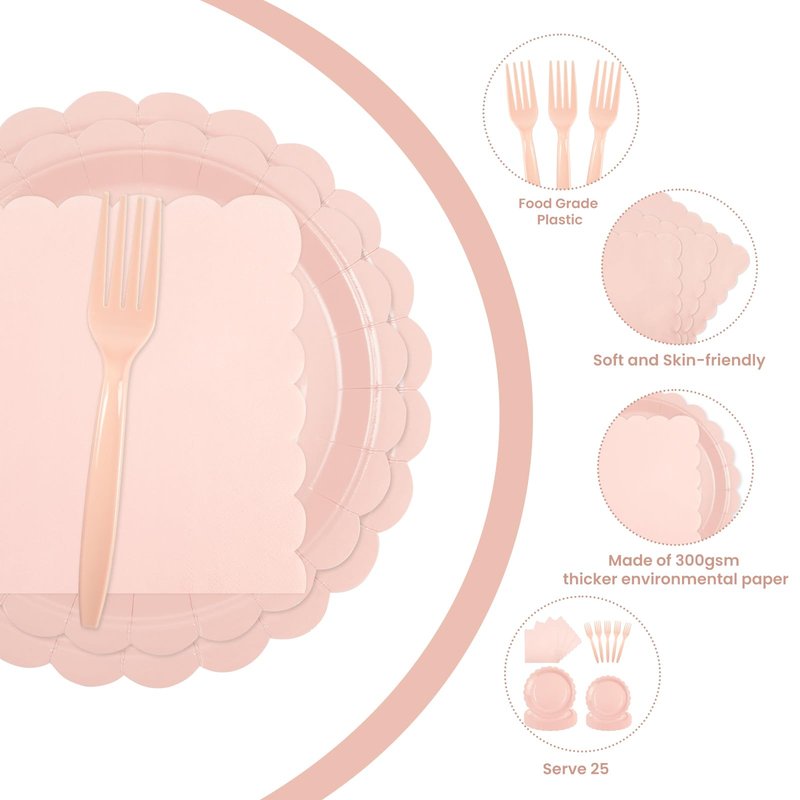 PUEVENYI 96PCS Pink Paper Plates and Napkins, 24 Guest Light Pink Disposable Scalloped Paper Plates Napkins and Forks Decoration Party Supplies for Valentine's Day Birthday Wedding Baby Shower