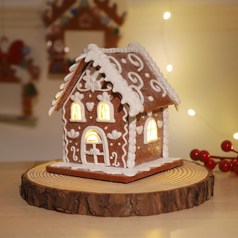 Regine Switzerland Gingerbread House Christmas Decoration - LED Light Clay Dough Design for Holiday Tabletop