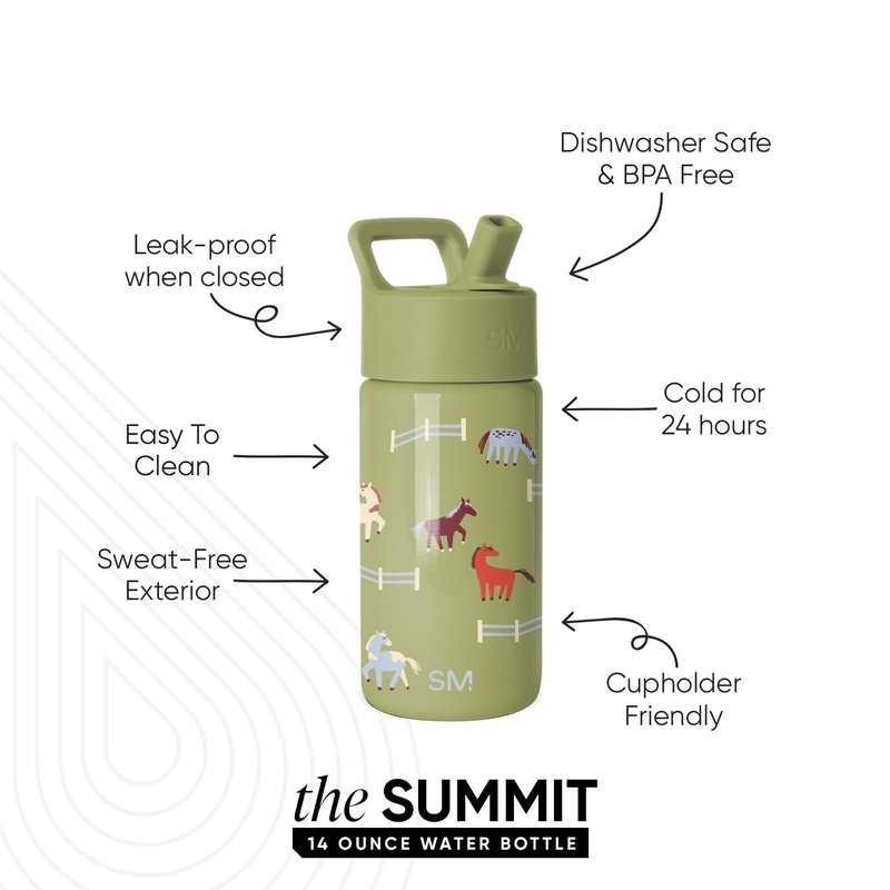 Simple Modern Kids Summit Water Bottle with Straw Lid | 14oz Stainless Steel Cup Insulated Tumbler for Toddlers, Girls, Boys, School | Horse Field